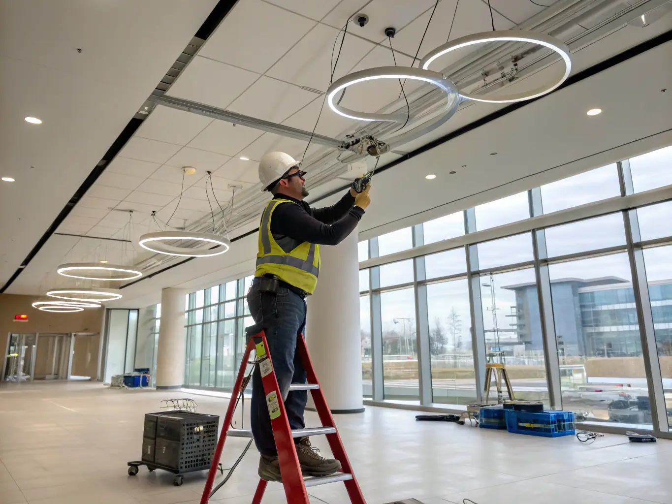 An electrician safely installing new light fixtures in an office space, showcasing the expertise in commercial electrical services.
