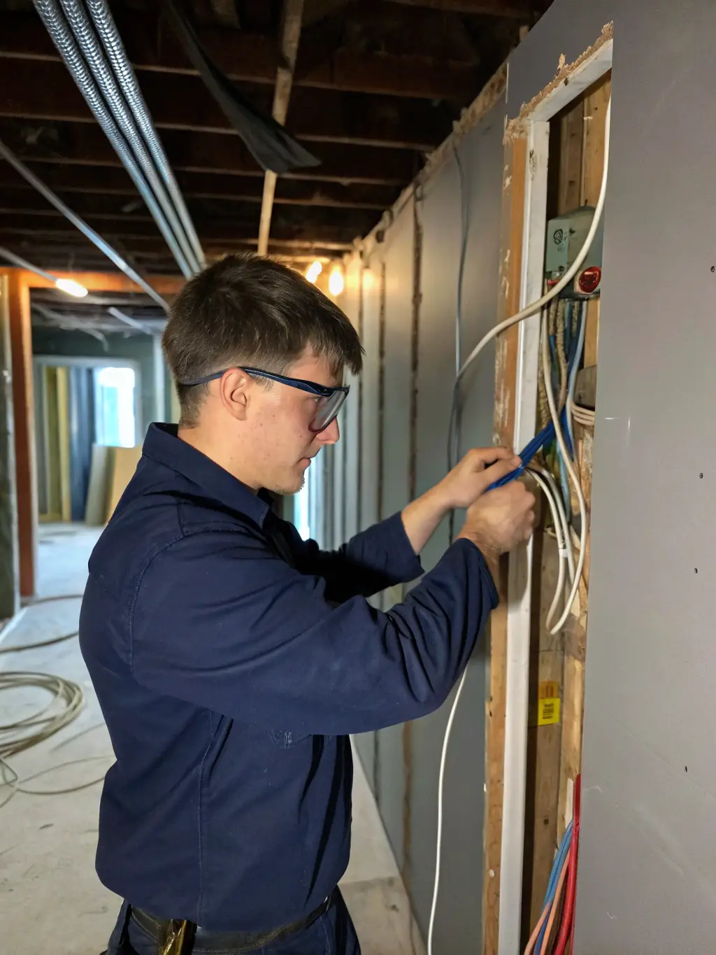 An electrician installing wiring in a commercial office space, demonstrating Inspire Home Repair's capabilities in commercial electrical work.