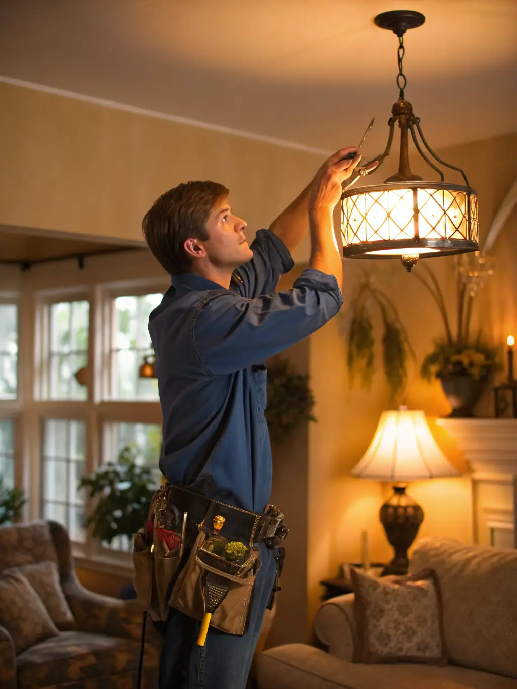 A handyman installing a modern light fixture in a residential living room, showcasing the upgrade and improved lighting.