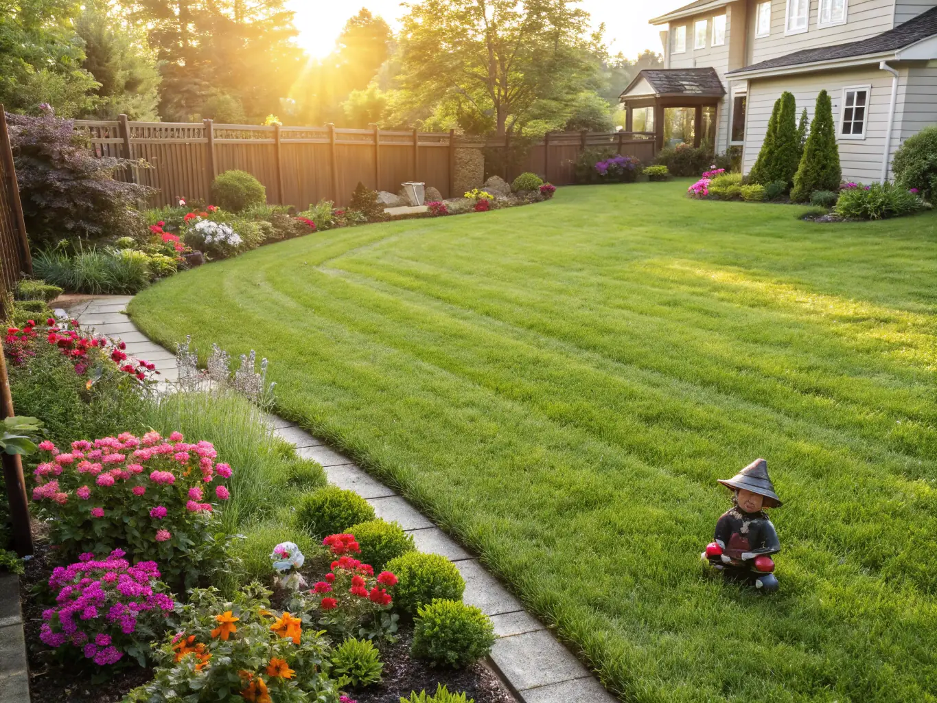 A well-maintained residential lawn with vibrant green grass, neatly trimmed hedges, and colorful flower beds, showcasing the attention to detail in residential property maintenance.