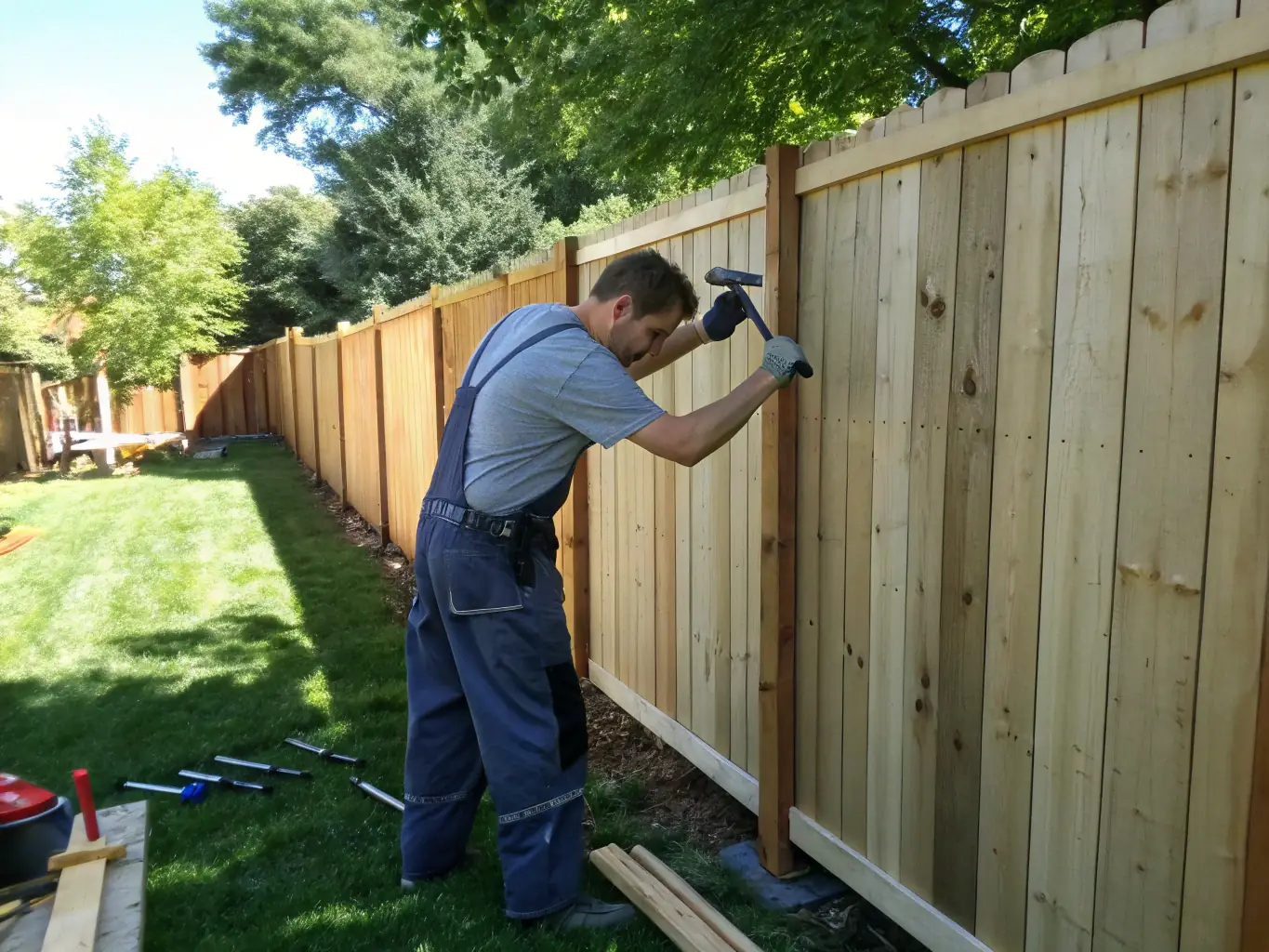 A handyman repairing a fence on a sunny day, highlighting the importance of regular maintenance to prevent further damage and ensure the longevity of property features.