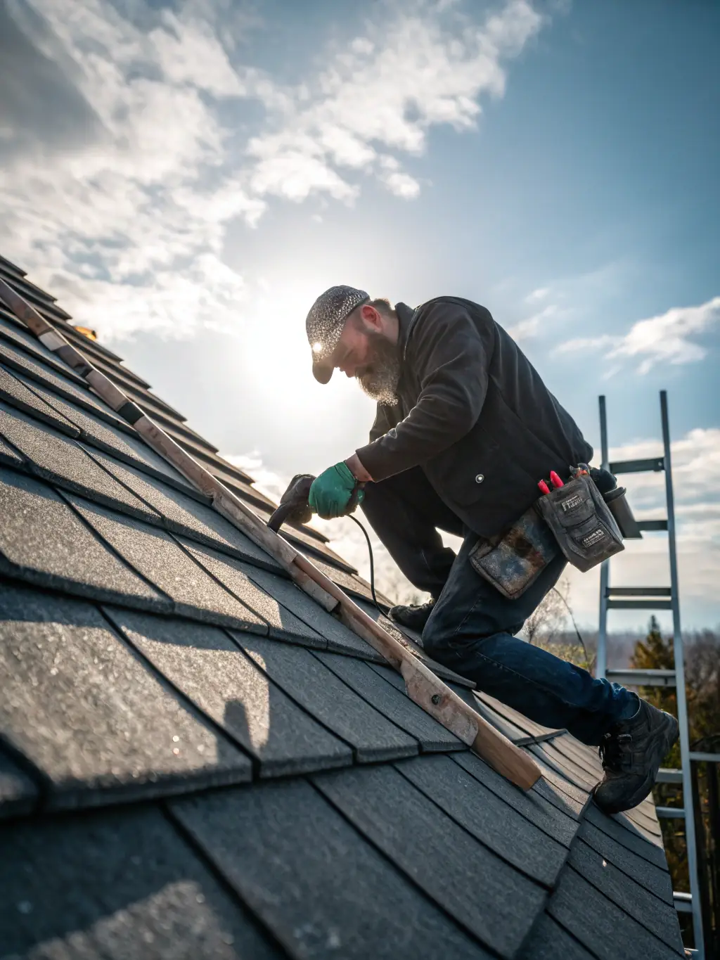 A handyman repairing a roof on a commercial building, showcasing Inspire Home Repair's expertise in commercial roof maintenance.