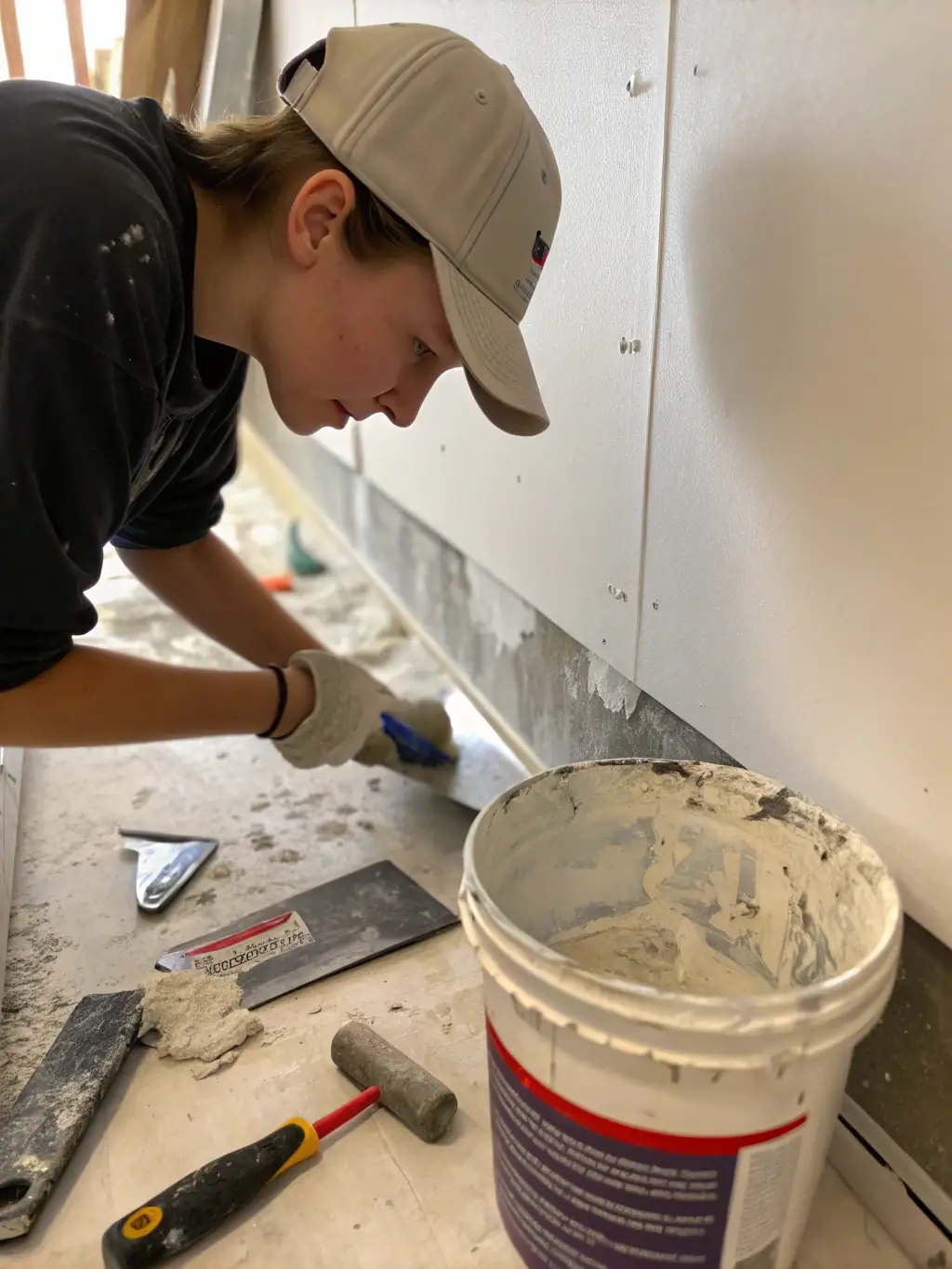 A handyman patching a small hole in a drywall in a residential hallway, demonstrating the seamless repair.