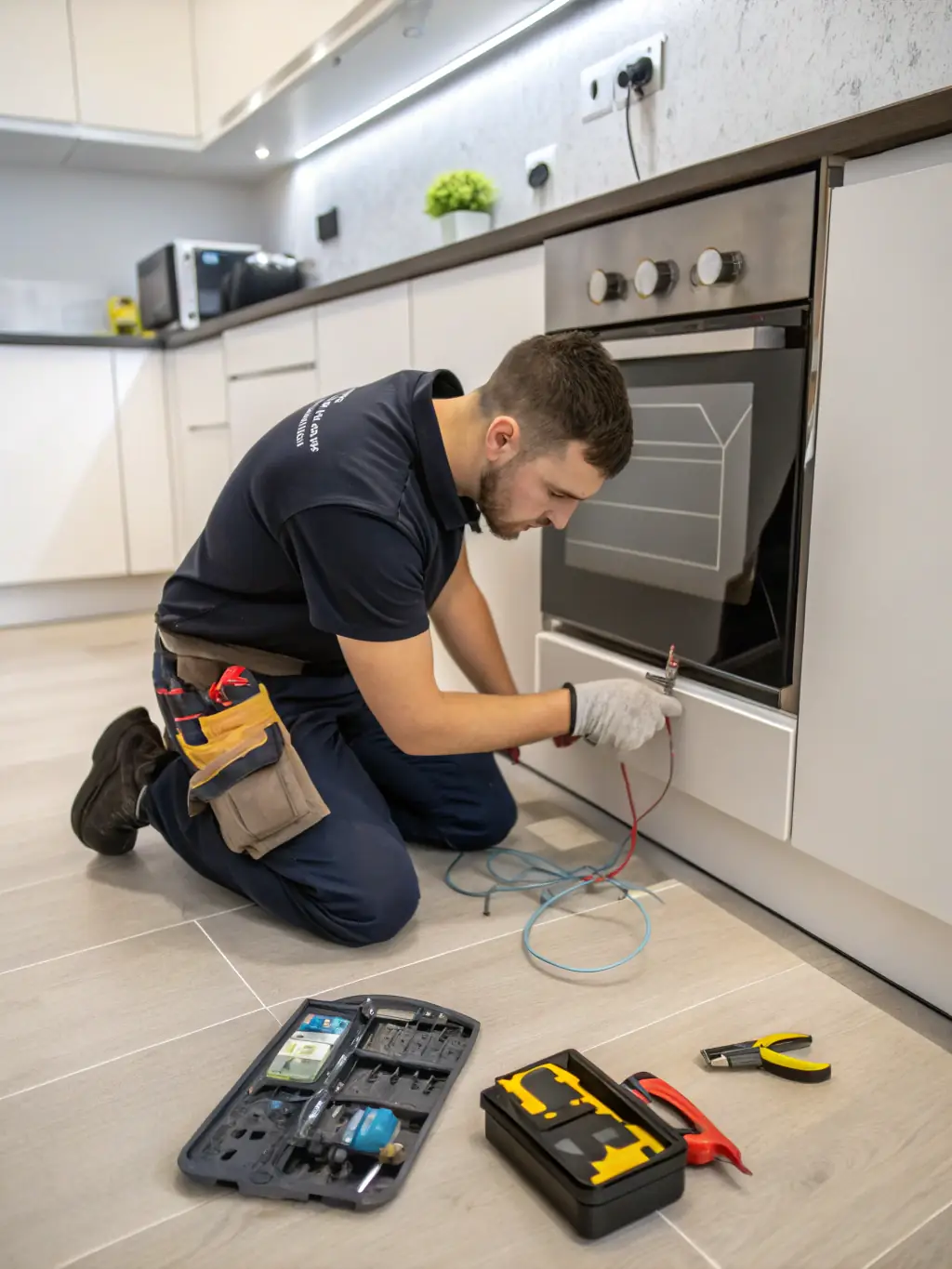 An electrician performing minor electrical work, such as replacing an outlet, in a residential bedroom.