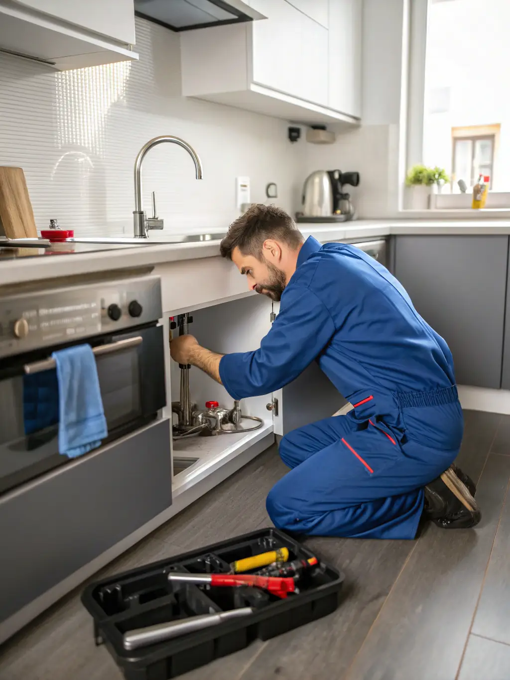 A plumber fixing a leaky pipe under a residential kitchen sink, emphasizing the quick and efficient repair.
