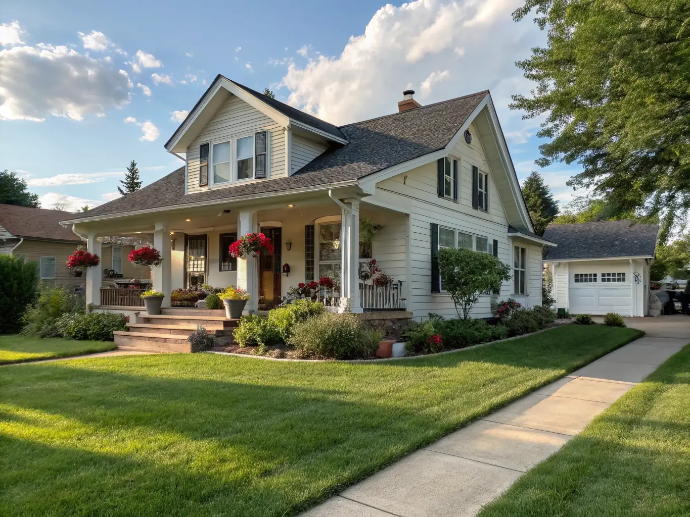 A well-maintained suburban house with a green lawn and vibrant flower beds, showcasing the curb appeal achieved through professional property maintenance.