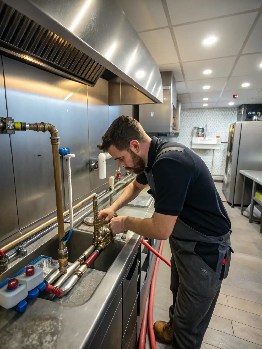 A plumber working on pipes in a commercial kitchen, highlighting Inspire Home Repair's expertise in commercial plumbing systems.